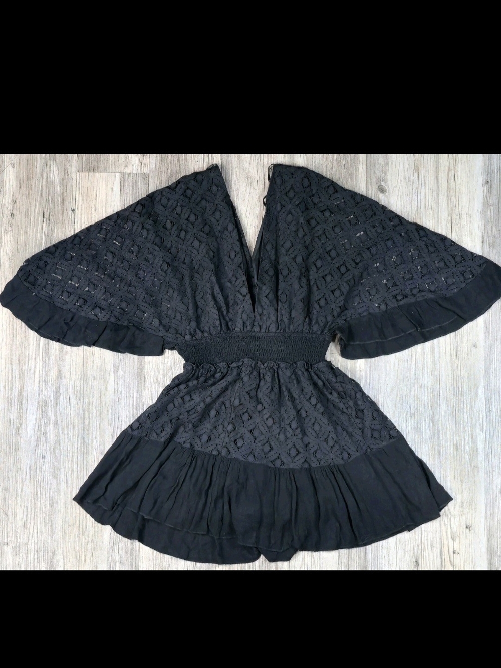 HYFVE Black Lace Kimono Sleeve Romper Size Small Deep V-Neck Smocked Waist NWT